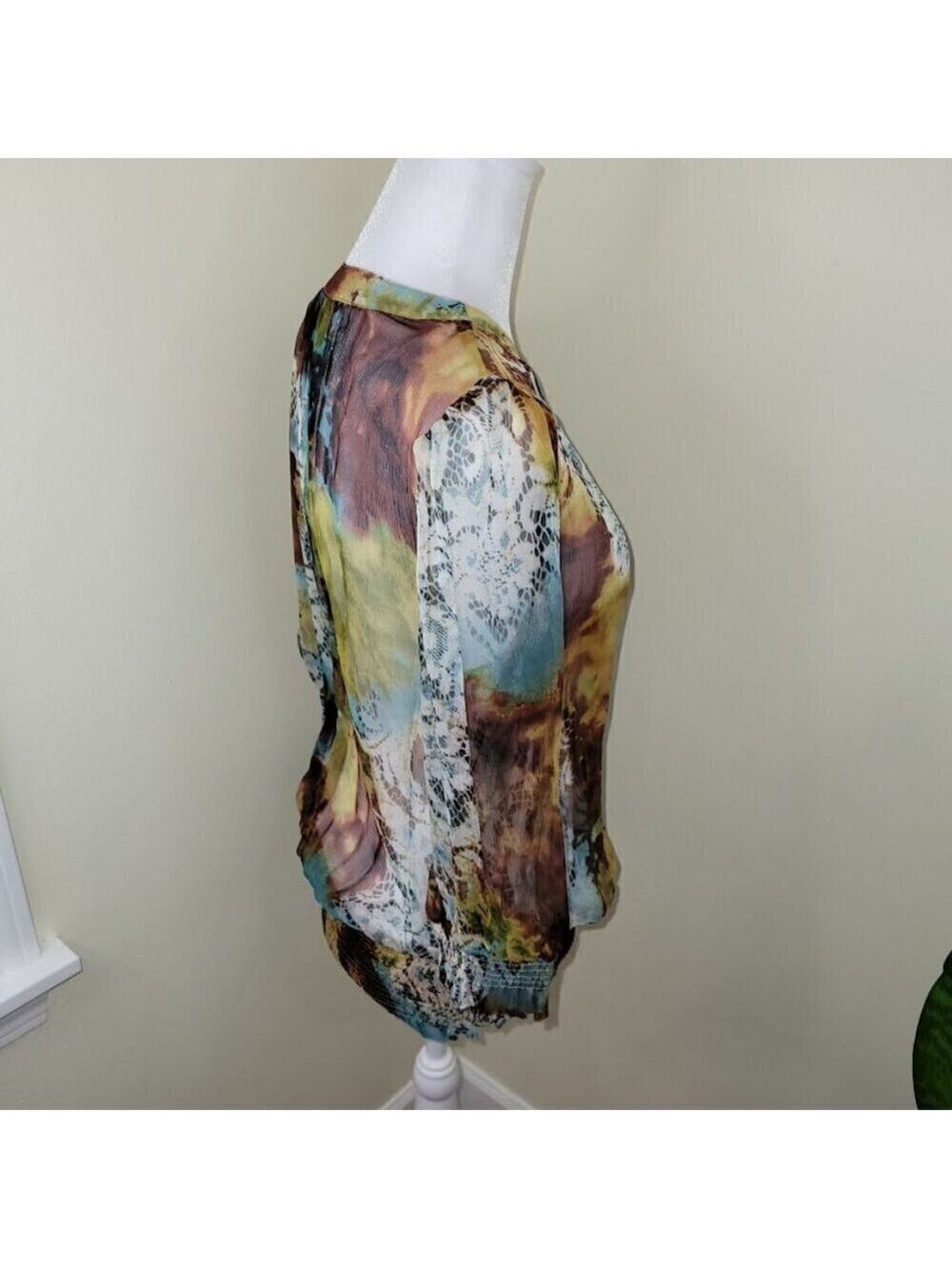 Everest Apparel 100% Silk Blouse Sheer Multicolored Elastic Waist Top Women SZ S - Picture 7 of 14